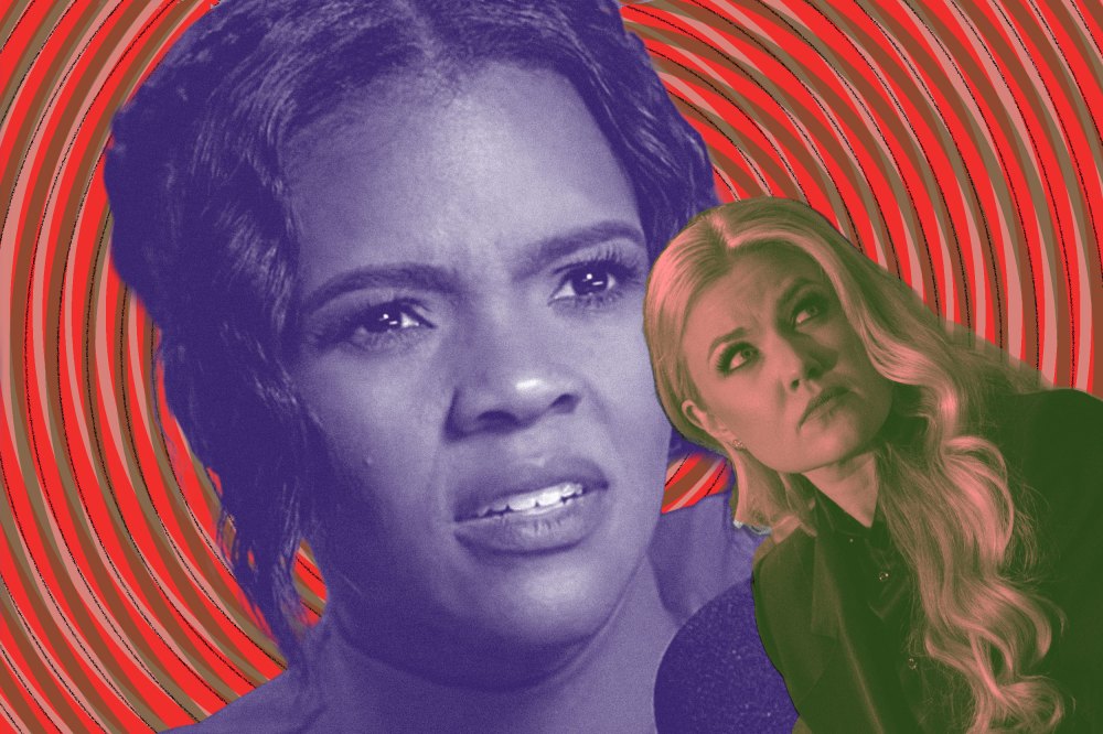 A collage of Candace Owens looking conspiratorially at Erika Kirk