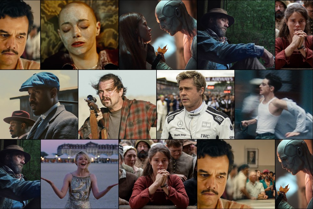A compilation of stills from this year's Academy Award for Best Picture nominees. Top row, left to right: The Secret Agent, Bugonia, Frankenstein, Train Dreams, Hamnet. Middle row: Sinners, One Battle After Another, F1; Marty Supreme. Bottom row: Train Dreams, Sentimental Value, Hamnet, The Secret Agent, Frankenstein.