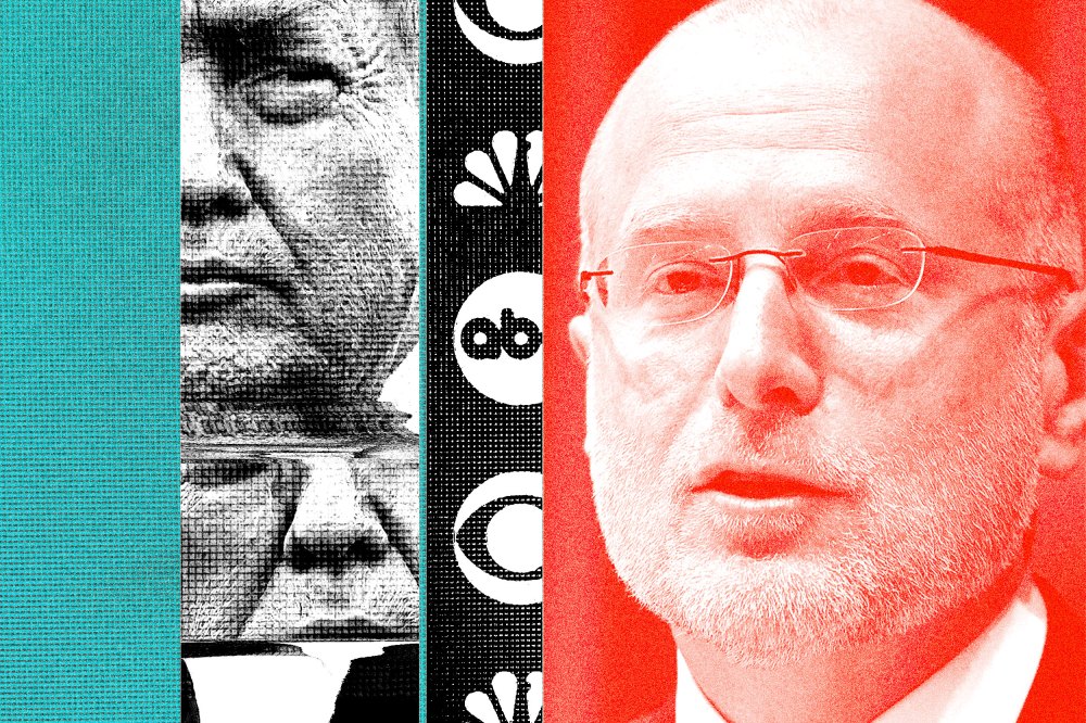 Photoillustration including an image of Brendan Carr, with a distorted image of Trump looking at him. Also overlaid are logos of ABC, CBS and NBC.