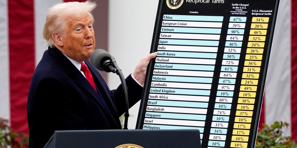 Donald Trump looks toward the audience as he holds a poster.