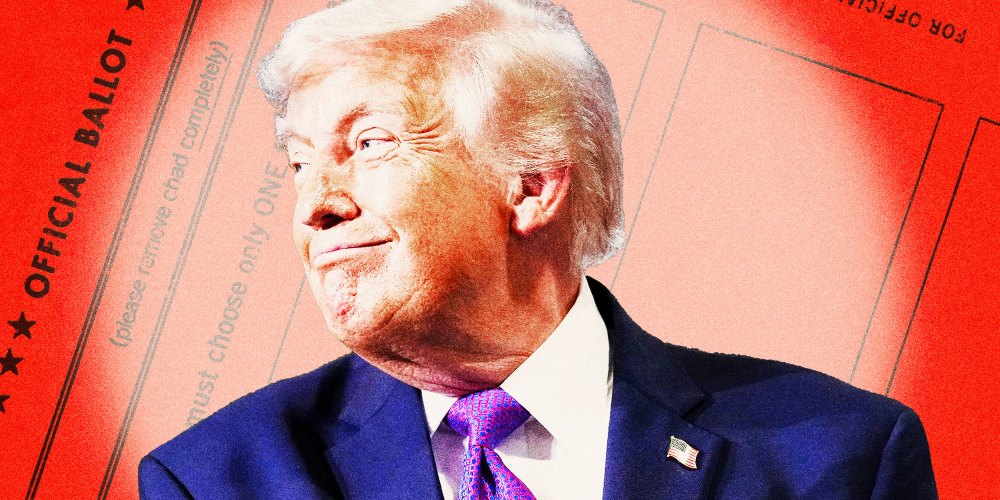 Photoillustration of a spotlight on Donald Trump, smiling over a red voting ballot.