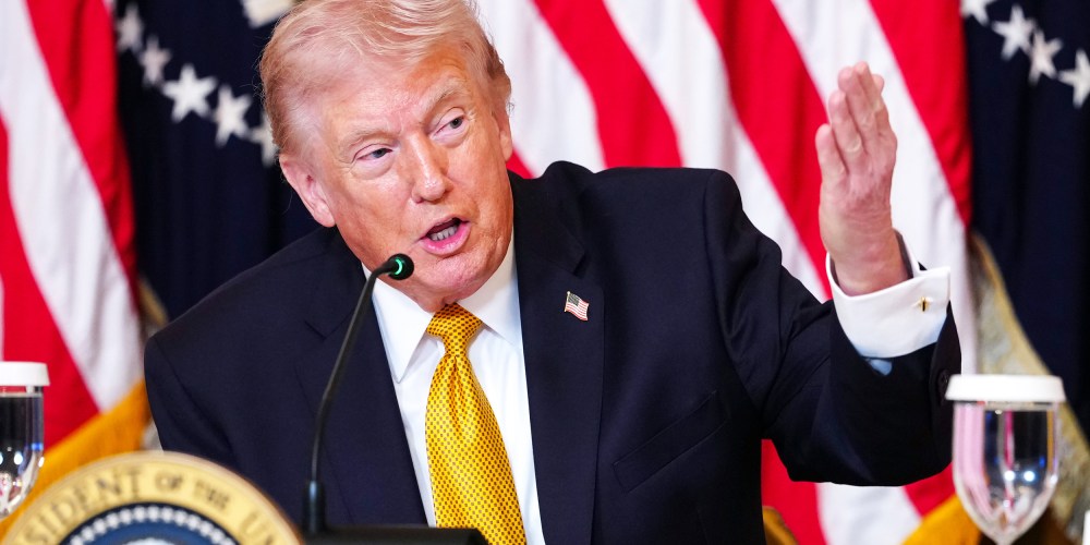 President Donald Trump speaks during a meeting with trustees of the John F. Kennedy Center for Performing Arts in the East Room of the White House.