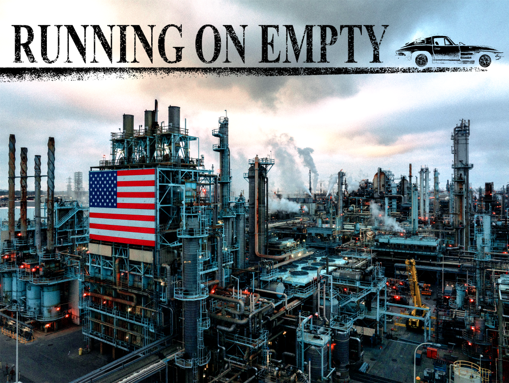 Marathon Petroleum Corp's Los Angeles Refinery, one of the largest oil refineries in the North America, operates as gas prices rocket upward due to worldwide oil supply disruptions caused by the U.S. and Israeli attack on Iran. Text reads RUNNING ON EMPTY."
