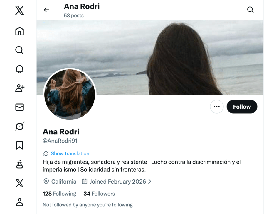 A now-deleted X account for Ana Rodri, a fake persona manufactured by Iran's Islamic Revolutionary Guard Corps.