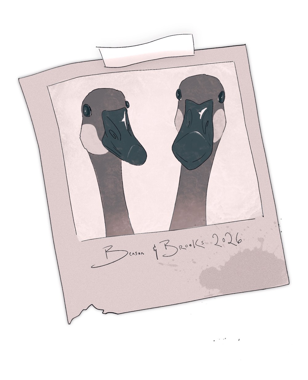 An illustration showing a Polaroid-style photo of two geese, a recurring motif in the newsletter, with the caption “Benson and Brooks, 2026” below the photo.
