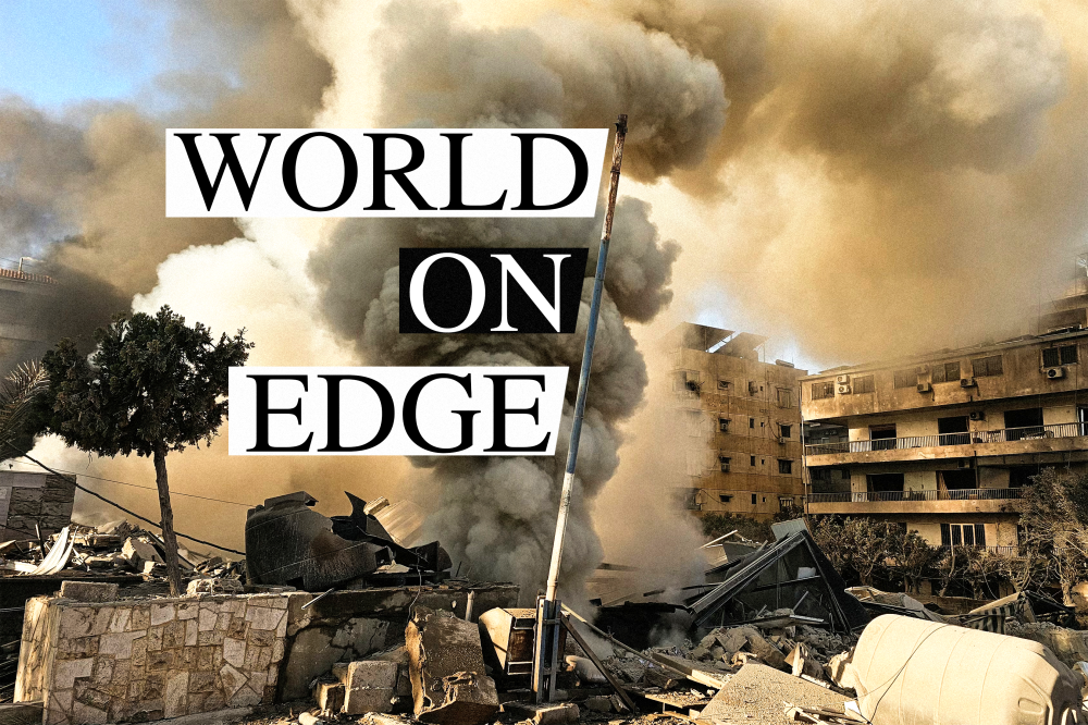 Smoke rises from the site of an Israeli airstrike on the southern suburbs of Beirut on March 3, 2026. Title reads WORLD ON EDGE