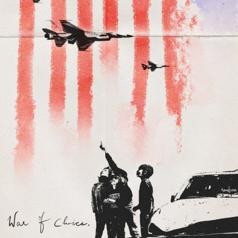 A stylized graphic. Children stand next to damaged cars at the site of an Israeli airstrike that hit the Imad Tower in the Aicha Bakkar neighborhood of Beirut, Lebanon. Fighter jets fly above them. Red stripes drip from the top in the idea of an American Flag. WAR OF CHOICE