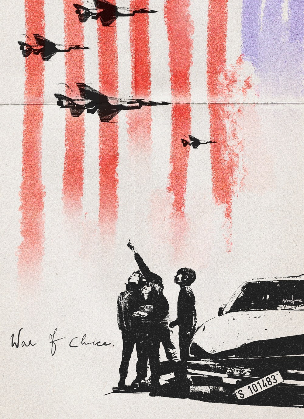 A stylized graphic. Children stand next to damaged cars at the site of an Israeli airstrike that hit the Imad Tower in the Aicha Bakkar neighborhood of Beirut, Lebanon. Fighter jets fly above them. Red stripes drip from the top in the idea of an American Flag. WAR OF CHOICE