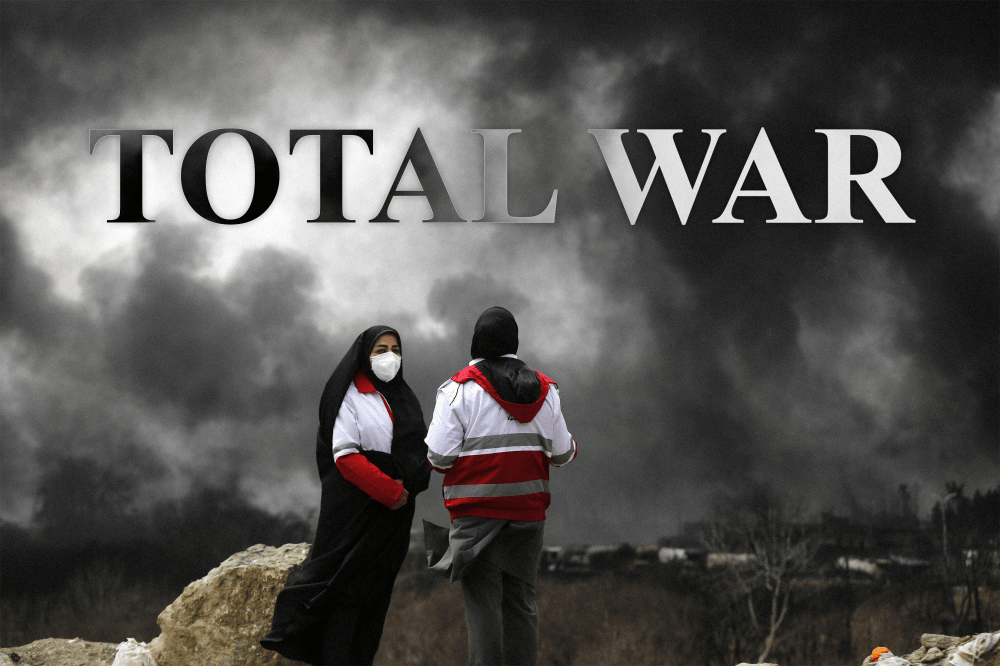 Black smoke rises after fires broke out following US-Israel attacks targeting some oil storage facilities targeted, including the Shehran oil depot, in Tehran, Iran. Headline reads TOTAL WAR.